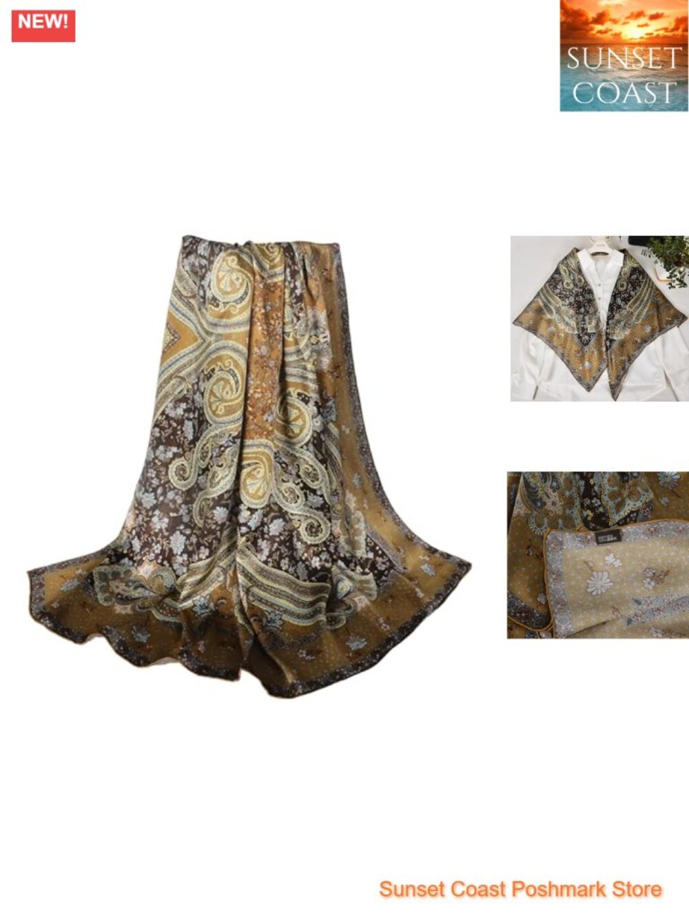 100% Mulberry Silk Square Scarf 43×43in Floral Large Shawl Lightweight Wrap